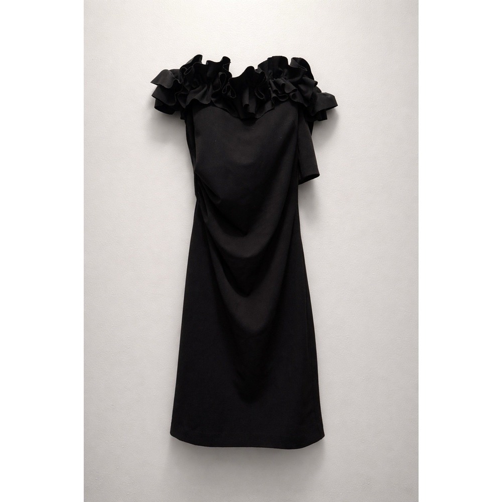 XSCAPE Black Sheath Dress Off the Shoulder Ruffle Knee Length Sleeveless Size 8